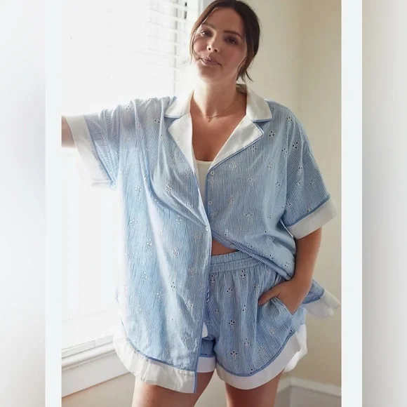 By ANTHROPOLOGIE Bijou 2 Pc Striped Eyelet Pajama Short Set - M - Picture 1 of 10